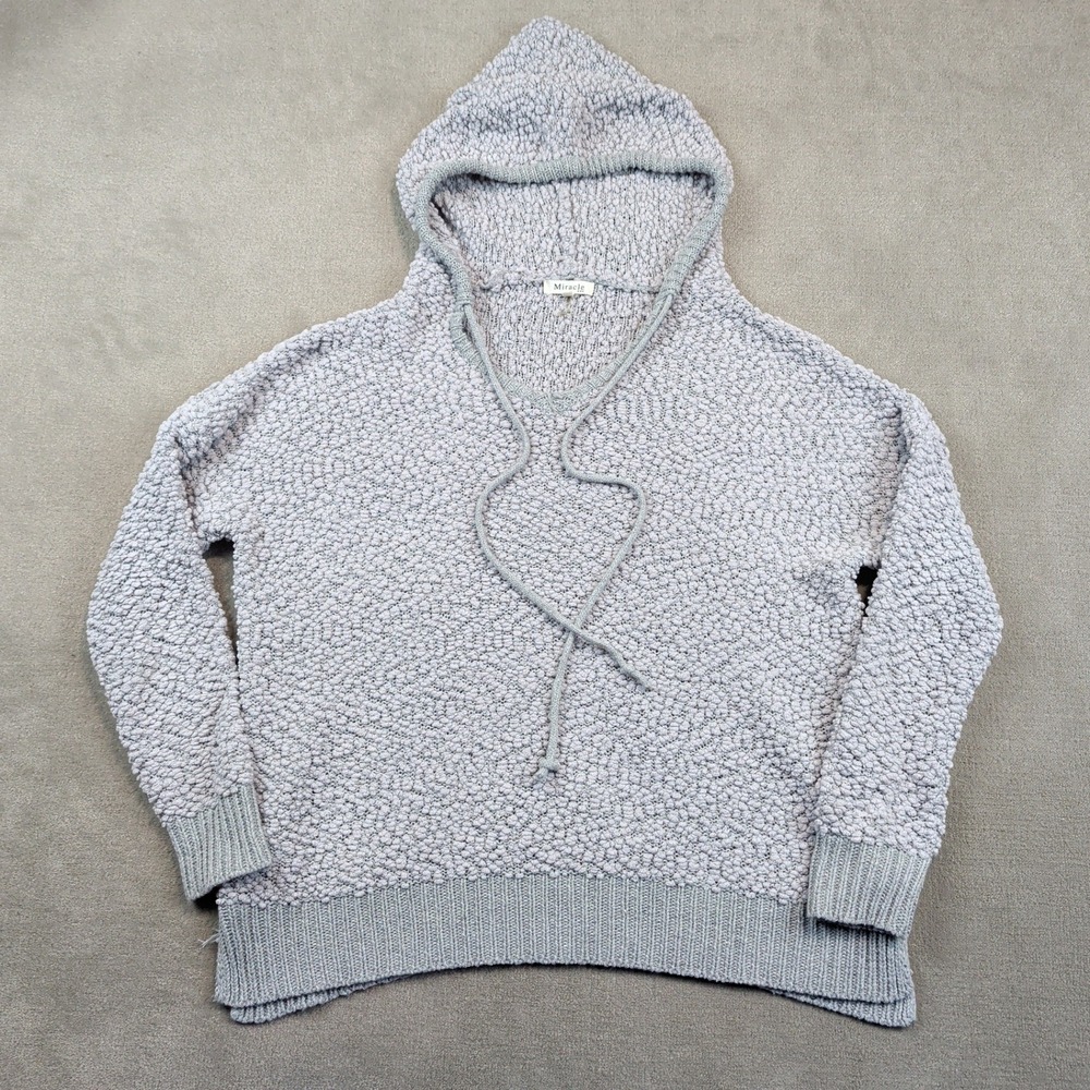 Miracle USA Boho Popcorn Knit Hoodie M/L Gray Cotton Blend Oversized Sweater